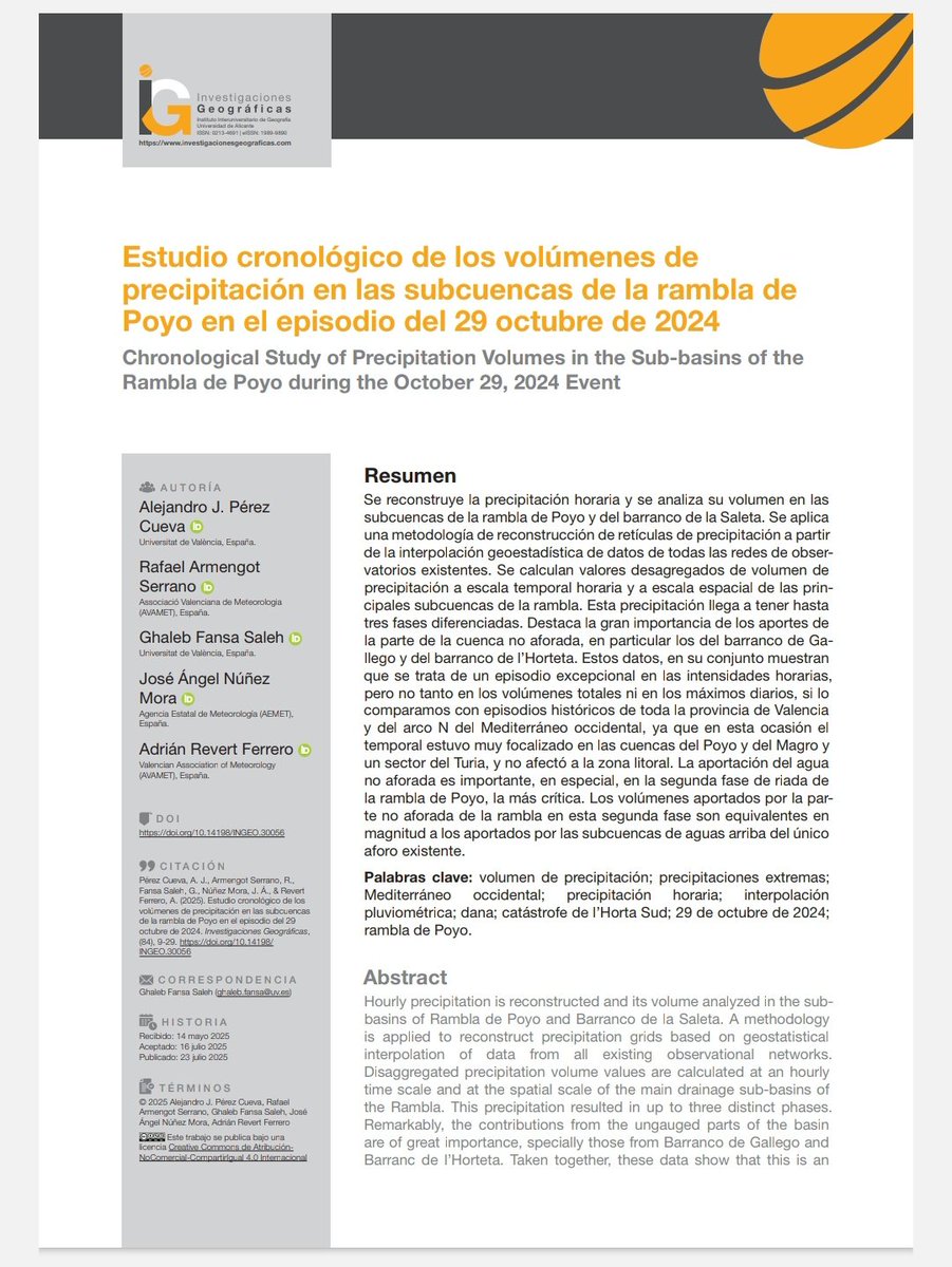Suremet (@meteochatse) on Twitter photo ⏲️Hoy se cumplen 9 meses del episodio de lluvias torrenciales del 29 de octubre de 2024
📚 Adjuntamos este magnífico artículo recientemente publicado en el que participan <a href="/depgeo_uv/">Departament de Geografia - Universitat de València</a> <a href="/avamet/">AVAMET</a> <a href="/AEMET_CValencia/">AEMET Comunitat Valenciana</a>
➡️investigacionesgeograficas.com/article/view/3…
Investigaciones Geográficas <a href="/GeografiaUa/">Geografia-UA</a> ⏲️Hoy se cumplen 9 meses del episodio de lluvias torrenciales del 29 de octubre de 2024
📚 Adjuntamos este magnífico artículo recientemente publicado en el que participan <a href="/depgeo_uv/">Departament de Geografia - Universitat de València</a> <a href="/avamet/">AVAMET</a> <a href="/AEMET_CValencia/">AEMET Comunitat Valenciana</a>
➡️investigacionesgeograficas.com/article/view/3…
Investigaciones Geográficas <a href="/GeografiaUa/">Geografia-UA</a>