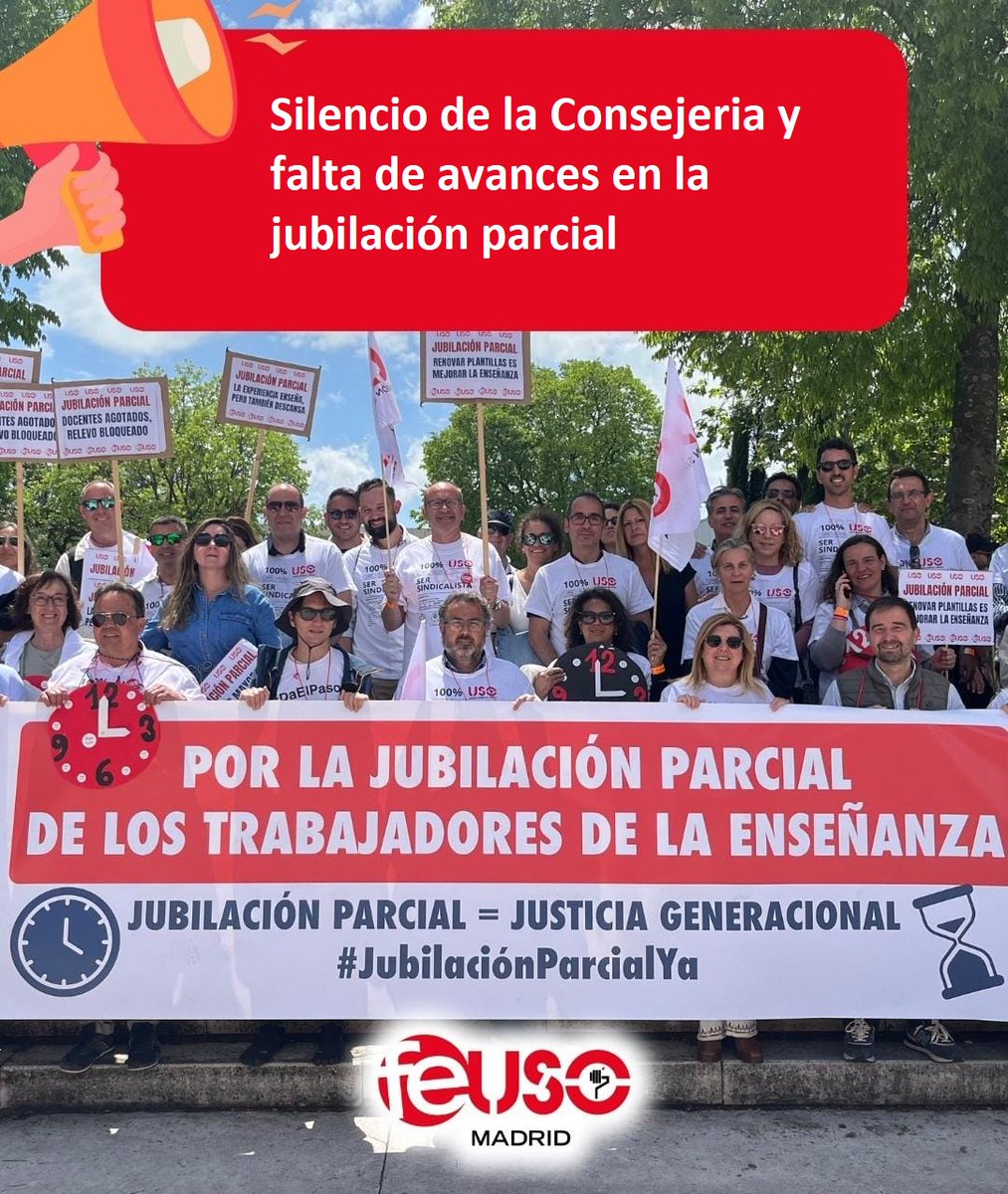 📝 Silencio de la Consejería y falta de avances en la jubilación parcial para la enseñanza concertada
 feuso.es/comunidad-de-m…  <a href="/f_ense_uso/">FEUSO</a> <a href="/SindicatoUSO/">Confederación USO</a> 
✊ Exigimos claridad y respeto hacia los agentes sociales #JubilaciónParcialYa