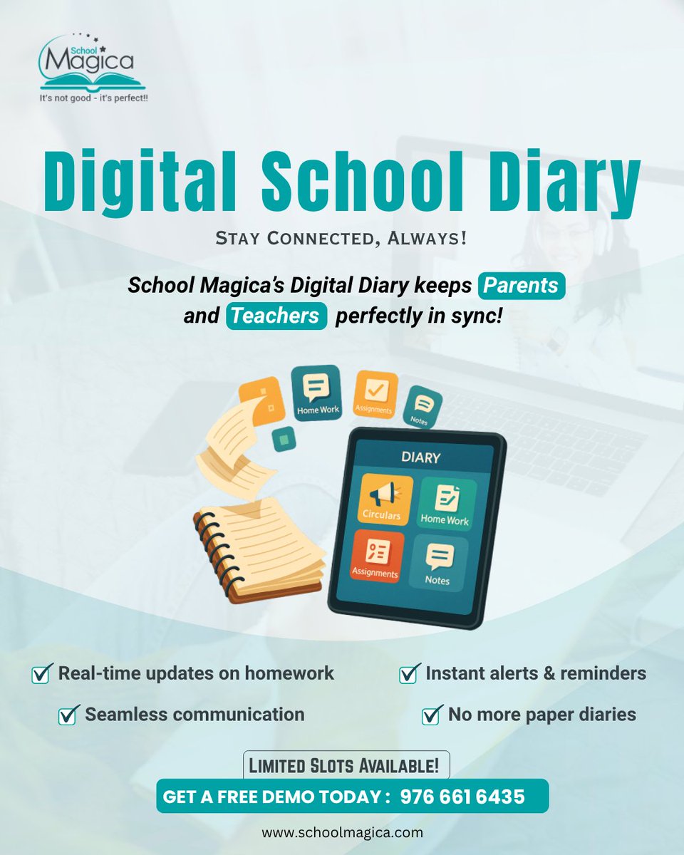 TechiorSolution's tweet image. Stay connected with your child’s education using School Magica’s Digital School Diary! 
Designed to bridge the gap between parents and teachers.
.
#DigitalSchoolDiary #SchoolMagica #SmartSchoolSolution #ParentTeacherCommunication #HomeworkUpdates #EdTech #SchoolERP