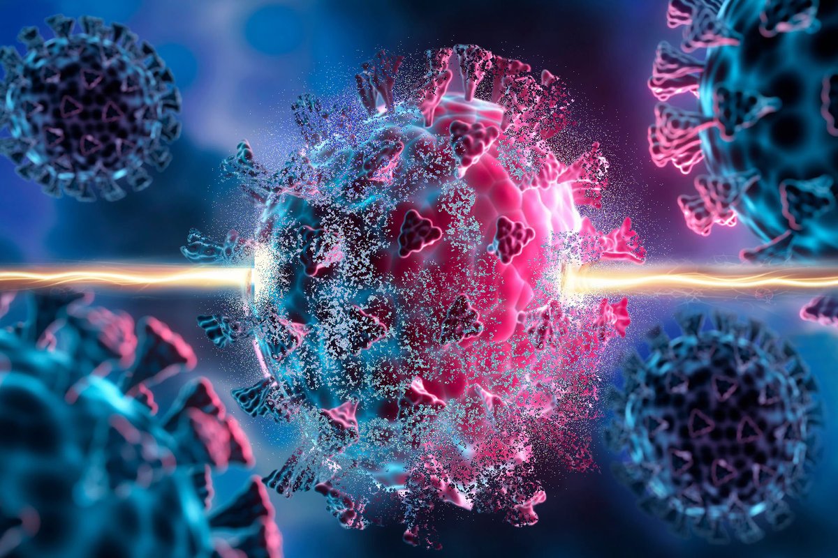 James Collins Lab researchers have discovered broad-spectrum antiviral compounds through the use of a novel optogenetic screen, symbolized in this image by a beam of light piercing a virus. ow.ly/rYfY50WwGwO <a href="/CellCellPress/">Cell</a> <a href="/MIT_IMES/">MIT IMES</a>