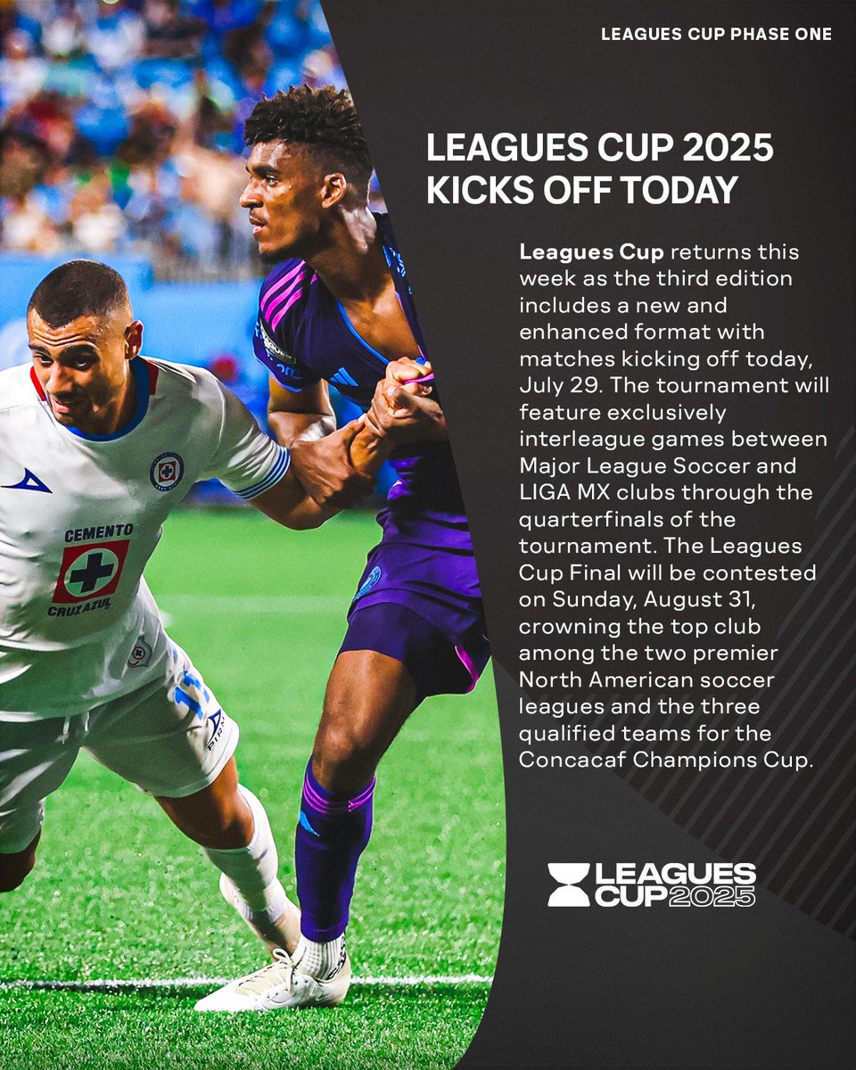 MLS Communications (@mls_pr) on Twitter photo Five things to watch in <a href="/MLS/">Major League Soccer</a> this week:
1⃣ <a href="/LeaguesCup/">Leagues Cup</a> returns this week as the third edition includes a new and enhanced format with more rivalry matches kicking off tonight, July 29. Five things to watch in <a href="/MLS/">Major League Soccer</a> this week:
1⃣ <a href="/LeaguesCup/">Leagues Cup</a> returns this week as the third edition includes a new and enhanced format with more rivalry matches kicking off tonight, July 29.
