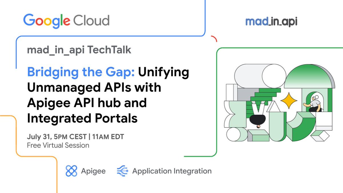 mad_in_api's tweet image. Bring order to your unmanaged APIs.
Jul 31 – API hub + portals with @GoogleCloud
Register Now: rsvp.withgoogle.com/events/apigee-…
#madinapi #APIhub #Apigee "