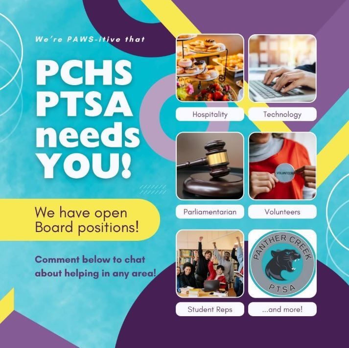 Panther Creek High School (@pchsfrisco) on Twitter photo Are you interested in serving on the Panther Creek PTSA? We have open positions and would like to gain your valuable assistance. Please contact our PTSA President, Betsy Cates Scogin, if you are interested at president@friscopanthercreekptsa.org. Are you interested in serving on the Panther Creek PTSA? We have open positions and would like to gain your valuable assistance. Please contact our PTSA President, Betsy Cates Scogin, if you are interested at president@friscopanthercreekptsa.org.