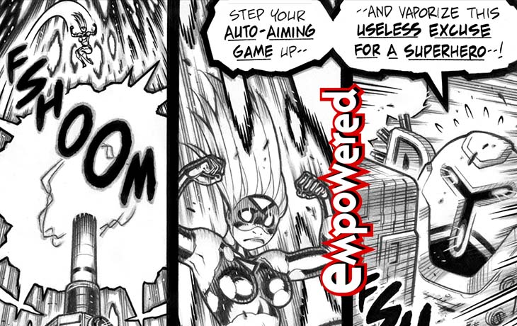 In today's EMPOWERED webcomic page from the 2015 one-shot PEW PEW PEW!, Emp closes the distance on a trigger-happy supervillain: empoweredcomic.com/comic/pew-pew-…