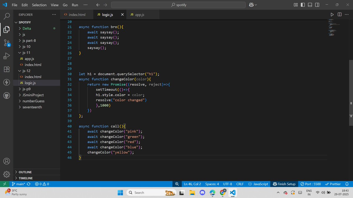 NidhiSharm93174's tweet image. Building a color-changing sequence with `async` `changeColor`! 🎨 Mastering JavaScript&apos;s asynchronous side. #FrontendDev #JavaScriptPromises