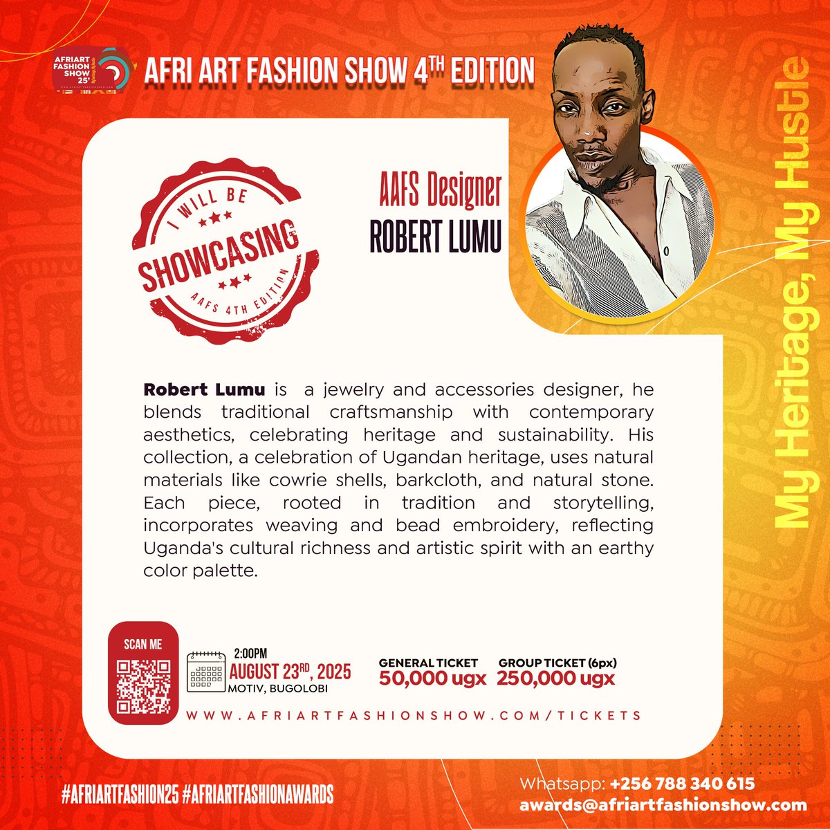 Afri Art Fashion Show 2025

#DESIGNER_HIGHLIGHTS

Robert Lumu is a jewelry and accessories designer, he blends traditional craftsmanship with contemporary aesthetics, celebrating heritage and sustainability. 

His collection, a celebration of Ugandan heritage, uses natural