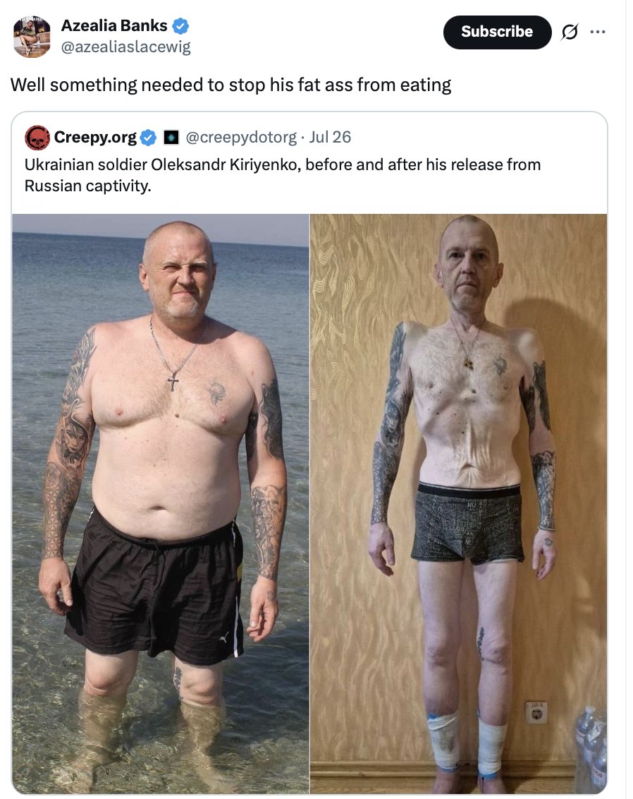 nexta_tv's tweet photo. 😡This is outrageous! American rap artist Azealia Banks cynically mocked a Ukrainian defender who returned from captivity

Banks retweeted a post with photos of the soldier, showing how he looked before and after Russian captivity.

"Well something needed to stop his fat ass from eating," Banks wrote.