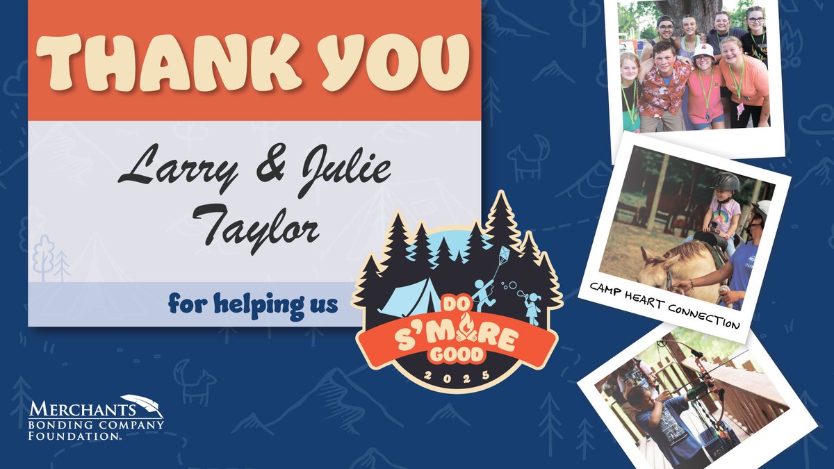 Thank you to Larry and Julie Taylor for supporting our "Do S'More Good" campaign as Explorer sponsors! They're donation will help create unforgettable moments for kids and families affected by childhood cancer. 

Learn more about our campaign here: merchantsbonding.com/Memorial-Grant…