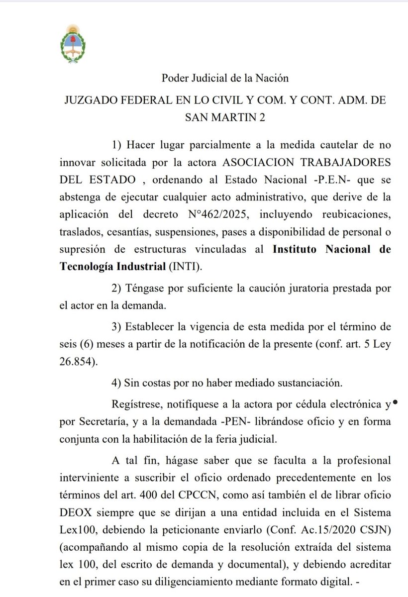‼️La Justicia Federal falló en favor de ATE y dejó sin efecto las modificaciones a la estructura del INTI establecidas por Decreto.