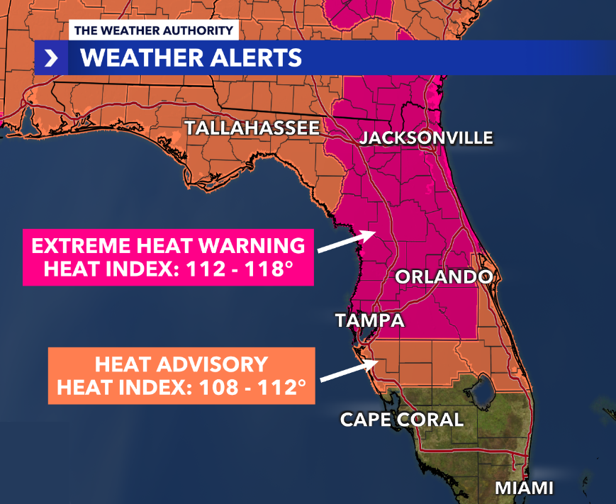 *EXTREME HEAT WARNING* in effect for parts of Florida today where the heat index will reach 112 - 118°, including Tampa, Orlando and Jacksonville. Could even see some locations approaching a feels like of 120°. Heat Advisory in effect too for most of the state. Stay cool and