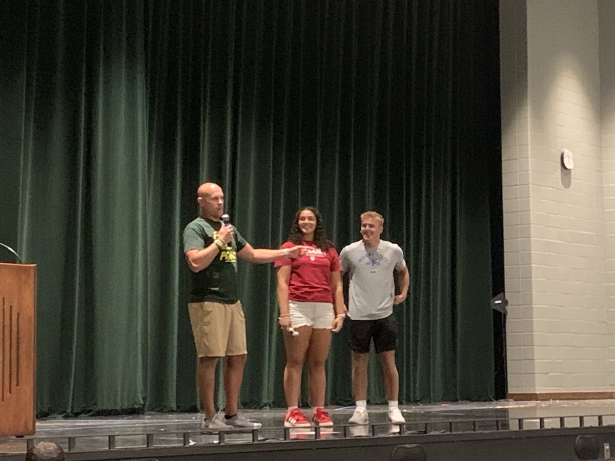 Mr. Watson speaking with our two state champs, GHS graduates, and great young people, Emma and Will at our back to school district meeting!