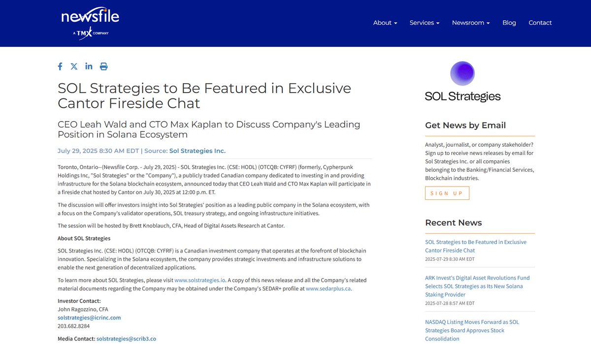 GM 🌞

SolStrategies CEO Leah Wald and CTO Max Kaplan will participate in a fireside chat hosted by Cantor on July 30, 2025 at 12:00 p.m. ET (TOMORROW)

"The discussion will offer investors insight into Sol Strategies' position as a leading public company in the Solana ecosystem,