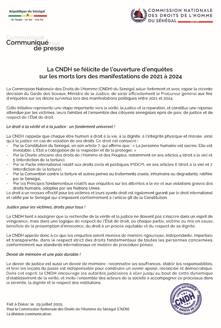 CNDH Officiel (@csdhofficiel) on Twitter photo Communiqué de presse
La CNDH se félicite de l’ouverture d’enquêtes sur les morts lors des manifestations de 2021 à 2024
#DroitsHumains #CNDHSénégal #senegal
<a href="/PR_Senegal/">Présidence Sénégal</a> <a href="/PrimatureSN/">Primature du Sénégal</a> <a href="/Min_Justice_SN/">Ministère de la Justice du Sénégal</a>
<a href="/PR_Diomaye/">Bassirou Diomaye Faye</a> <a href="/assembleesn/">Assemblée nationale du Sénégal</a> Communiqué de presse
La CNDH se félicite de l’ouverture d’enquêtes sur les morts lors des manifestations de 2021 à 2024
#DroitsHumains #CNDHSénégal #senegal
<a href="/PR_Senegal/">Présidence Sénégal</a> <a href="/PrimatureSN/">Primature du Sénégal</a> <a href="/Min_Justice_SN/">Ministère de la Justice du Sénégal</a>
<a href="/PR_Diomaye/">Bassirou Diomaye Faye</a> <a href="/assembleesn/">Assemblée nationale du Sénégal</a>