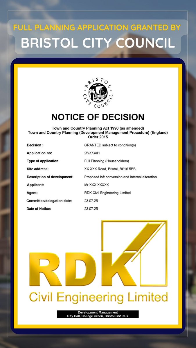 Full planning application granted by Bristol City Council! 🎉 Another successful project for RDK Civil Engineering Limited and securing planning permissions for your building projects. Contact us for your next development! #PlanningProcesses