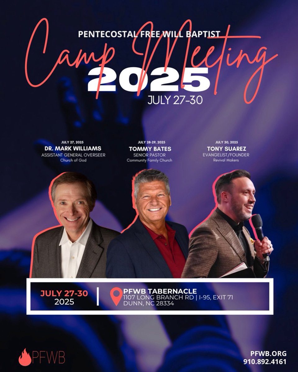 Join me WEDNESDAY, July 30 in Dunn, NC for the Pentecostal Freewill Baptist Campmeeting! I just can’t wait to see what God is going to do!