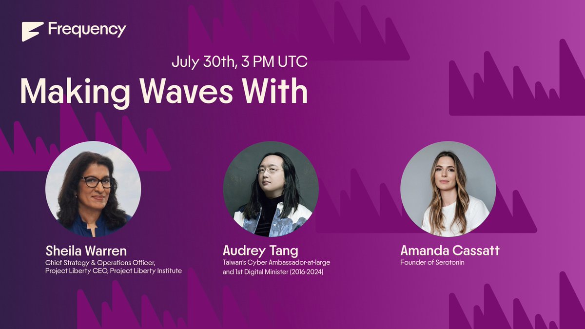 FREQUENCY (@frequency_xyz) on Twitter photo 10 years of Ethereum, a decade of decentralized possibilities 🔥
To mark the moment, we’re making waves with <a href="/sheila_warren/">Sheila Warren</a>, <a href="/amandacassatt/">amanda.eth</a> and <a href="/audreyt/">⿻ Audrey Tang 唐鳳</a> to explore how decentralized tech can power democratic infrastructure 💪
📅 July 30th | 🕣 3PM UTC | 📍 X & YouTube 10 years of Ethereum, a decade of decentralized possibilities 🔥
To mark the moment, we’re making waves with <a href="/sheila_warren/">Sheila Warren</a>, <a href="/amandacassatt/">amanda.eth</a> and <a href="/audreyt/">⿻ Audrey Tang 唐鳳</a> to explore how decentralized tech can power democratic infrastructure 💪
📅 July 30th | 🕣 3PM UTC | 📍 X & YouTube