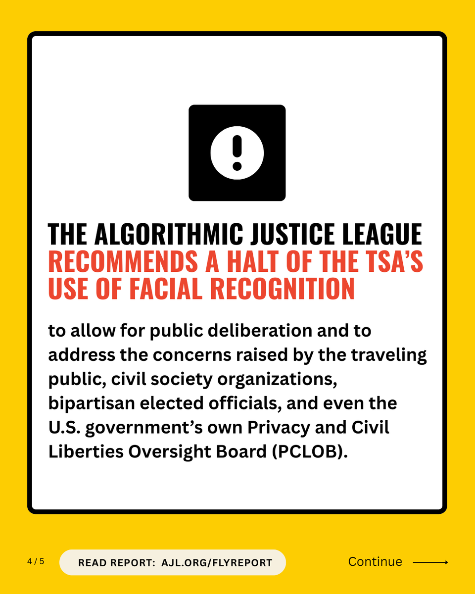 1/ ✈️ 2 years. 420 TSA scorecards. 91 US airports.  Thanks to testimonies from travelers nationwide collected through AJL’s #FreedomFlyers Campaign, we've completed the first comprehensive study based on travelers' experiences with airport face scans. 

This report is now live!