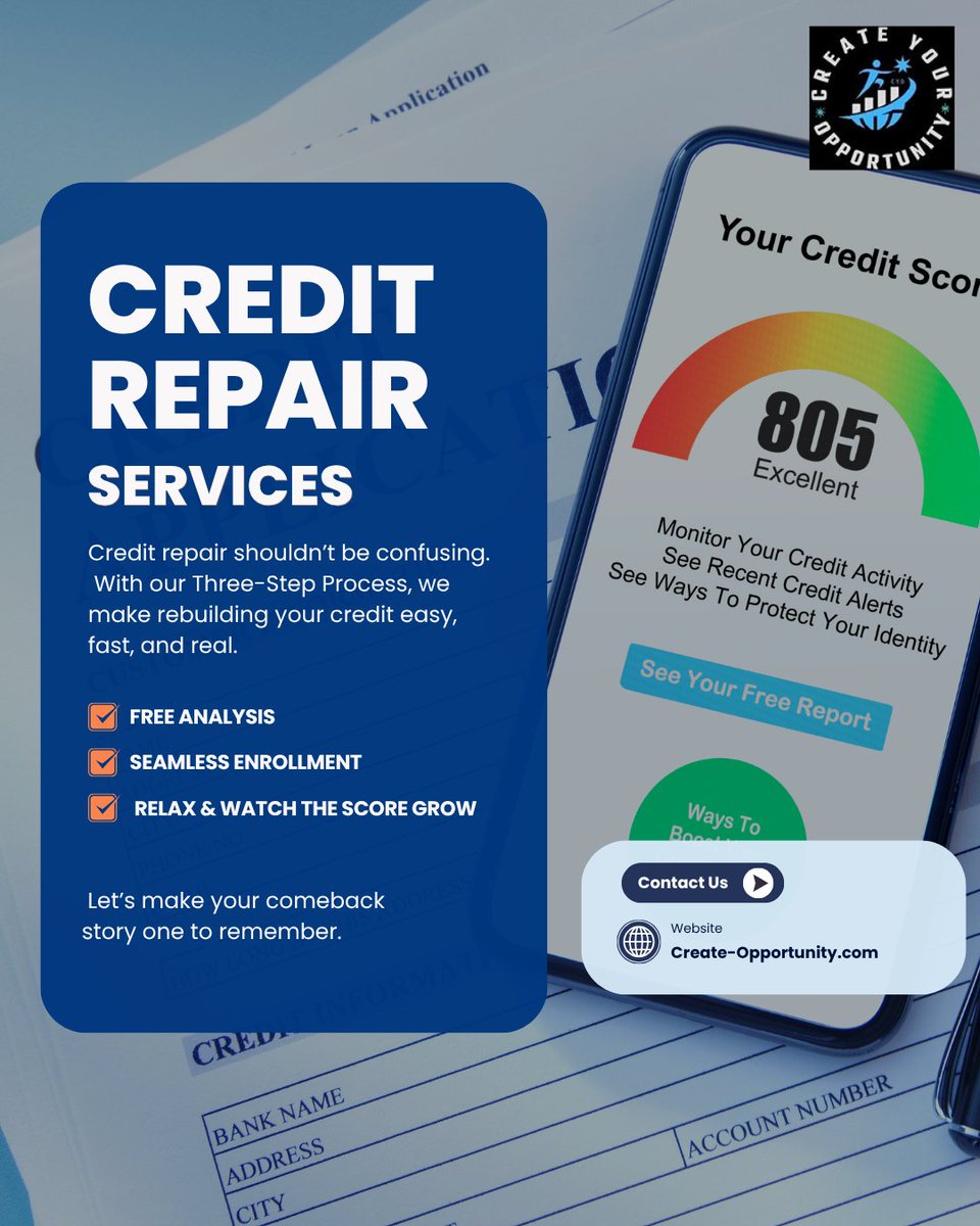 createopport's tweet photo. Free Credit Analysis • Seamless Enrollment • Watch Your Score Soar 🚀

📞 Contact Us | 🌐 https://t.co/xiLMr8H06c
👉 Act Now – Your Better Credit Starts Here!

#CreditHelp #FixCredit #CreditBoost #FinancialFreedom #CreditScore #DebtRelief #FastCreditRepair #RebuildCredit https://t.co/WFWsggxHBZ