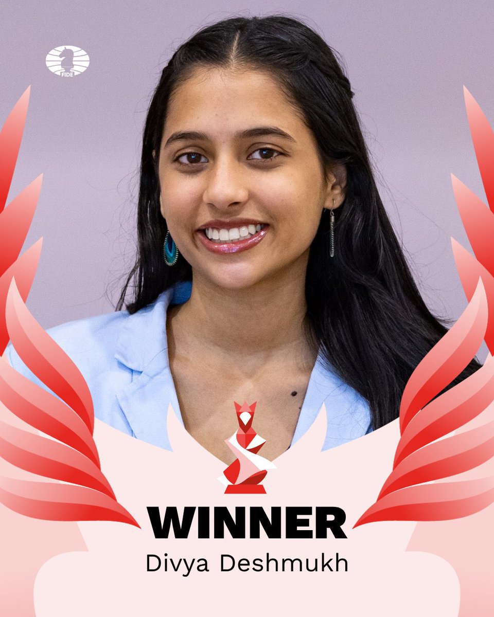 🇮🇳 Divya Deshmukh, just 19 years old, is the Winner of the 2025 FIDE Women’s World Cup! 🏆

With this incredible victory, she:
✨ Becomes a Grandmaster
✨ Secures a spot at the next Women’s Candidates