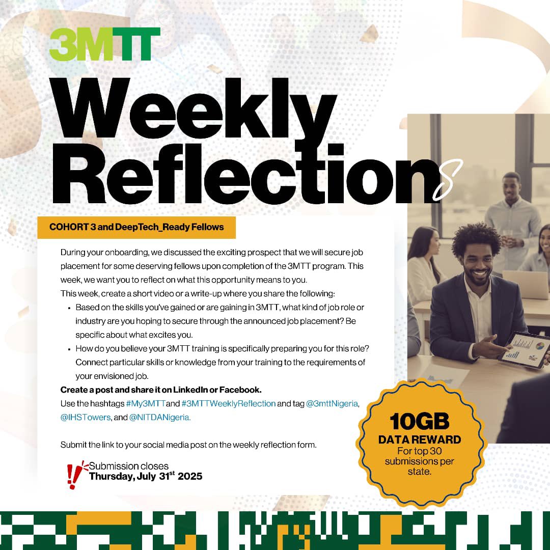 This week is all about envisioning your future role.
What kind of job are you aiming for after 3MTT?

In your post, share:
✅ Your ideal job role or industry through the 3MTT job placement
✅The 3MTT skills preparing you for it

Submit your post link here: forms.gle/N6U8Cuy7SSa3zw…