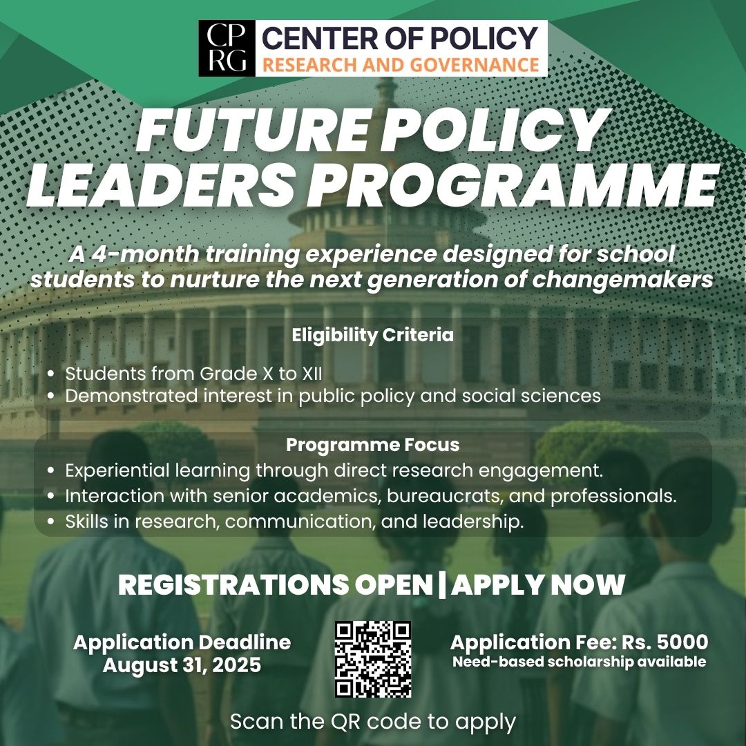Center of Policy Research & Governance (CPRG) (@cprgindia) on Twitter photo CPRG Future Policy Leaders Programme is a 4-month intensive training experience designed to nurture the next generation of changemakers.
Eligibility: Students from Grade X to XII
Deadline: August 31, 2025
Apply now: forms.gle/6Acs1bHJQ85QDj…
<a href="/RamanandDelhi/">Dr. Ramanand</a> CPRG Future Policy Leaders Programme is a 4-month intensive training experience designed to nurture the next generation of changemakers.
Eligibility: Students from Grade X to XII
Deadline: August 31, 2025
Apply now: forms.gle/6Acs1bHJQ85QDj…
<a href="/RamanandDelhi/">Dr. Ramanand</a>
