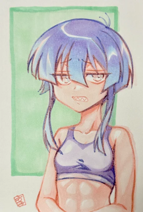 994日目のアナログイラストはオリキャラのギザ歯ちゃん(仮)です。 腹筋描くの(塗るの)難しい〜〜〜。