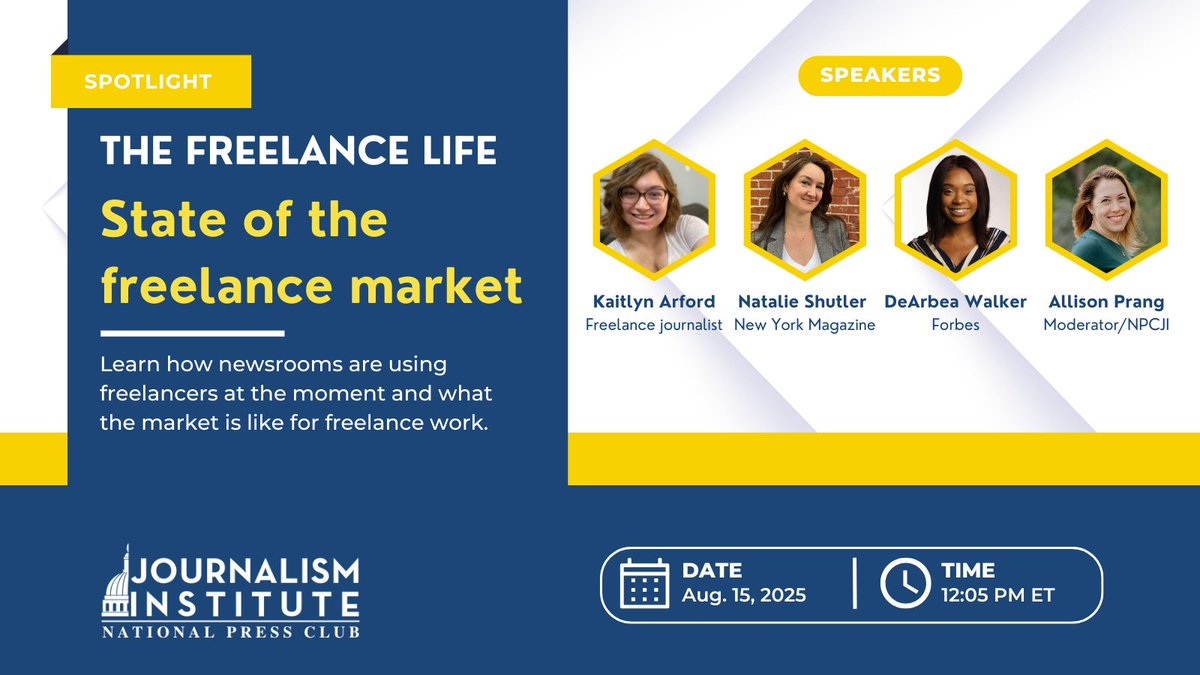 Join us to explore the current landscape for freelance journalists as part of our virtual conference on Aug. 15.

🔦 Session spotlight: The state of the freelance market with <a href="/kaitarford/">Kaitlyn Arford — Freelance Writer</a>, <a href="/NatalieShutler/">Natalie Shutler</a>, DeArbea Walker &amp; <a href="/AllisonPrang/">Allison Prang</a>.

eventbrite.com/e/the-freelanc…