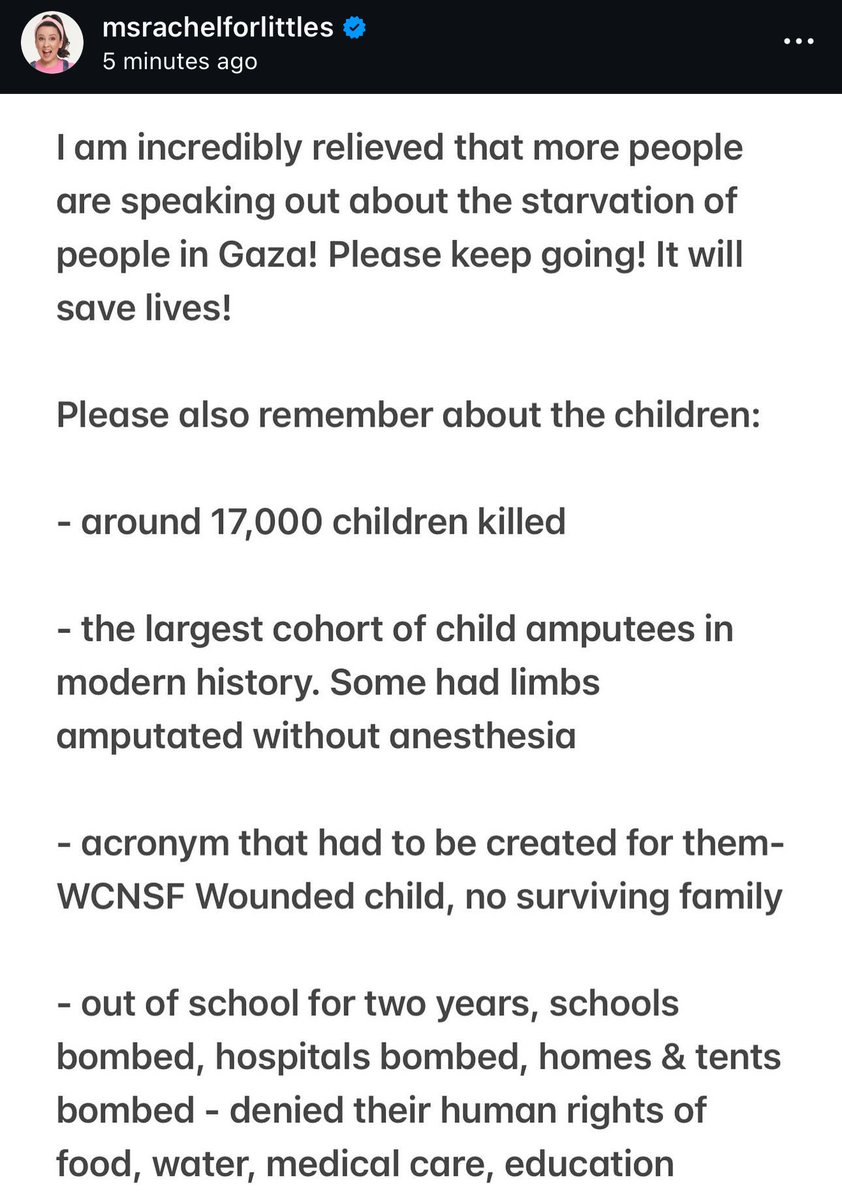 While still pushing to get more people to speak out about starvation in Gaza, Ms Rachel reminds us that the starvation is only part of Israel’s atrocities against Palestinians.

Israel is committing genocide in Gaza.