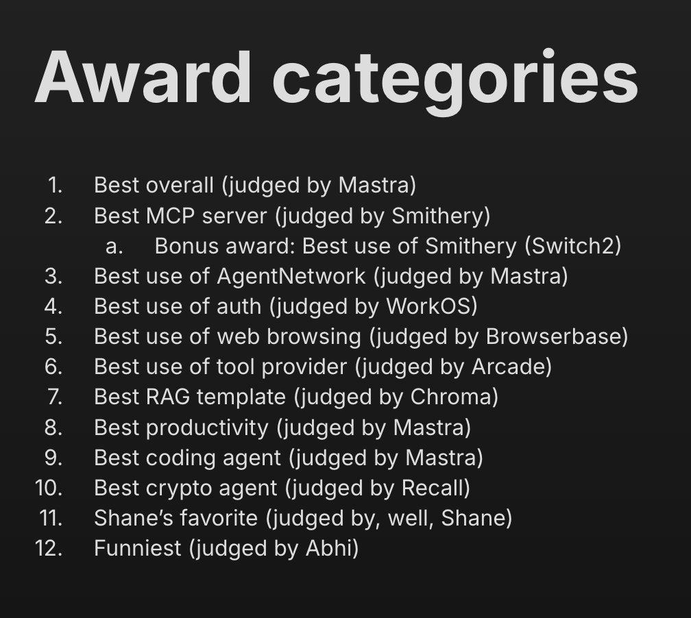 over 120 people have signed up for MASTRA.BUILD Templates so far 

you can still be one of them!

you have til 8/8 to submit a template

category winners get $512 amazon gift cards

special thanks to our sponsors <a href="/recallnet/">Recall</a> &amp; <a href="/SmitheryDotAI/">Smithery</a>