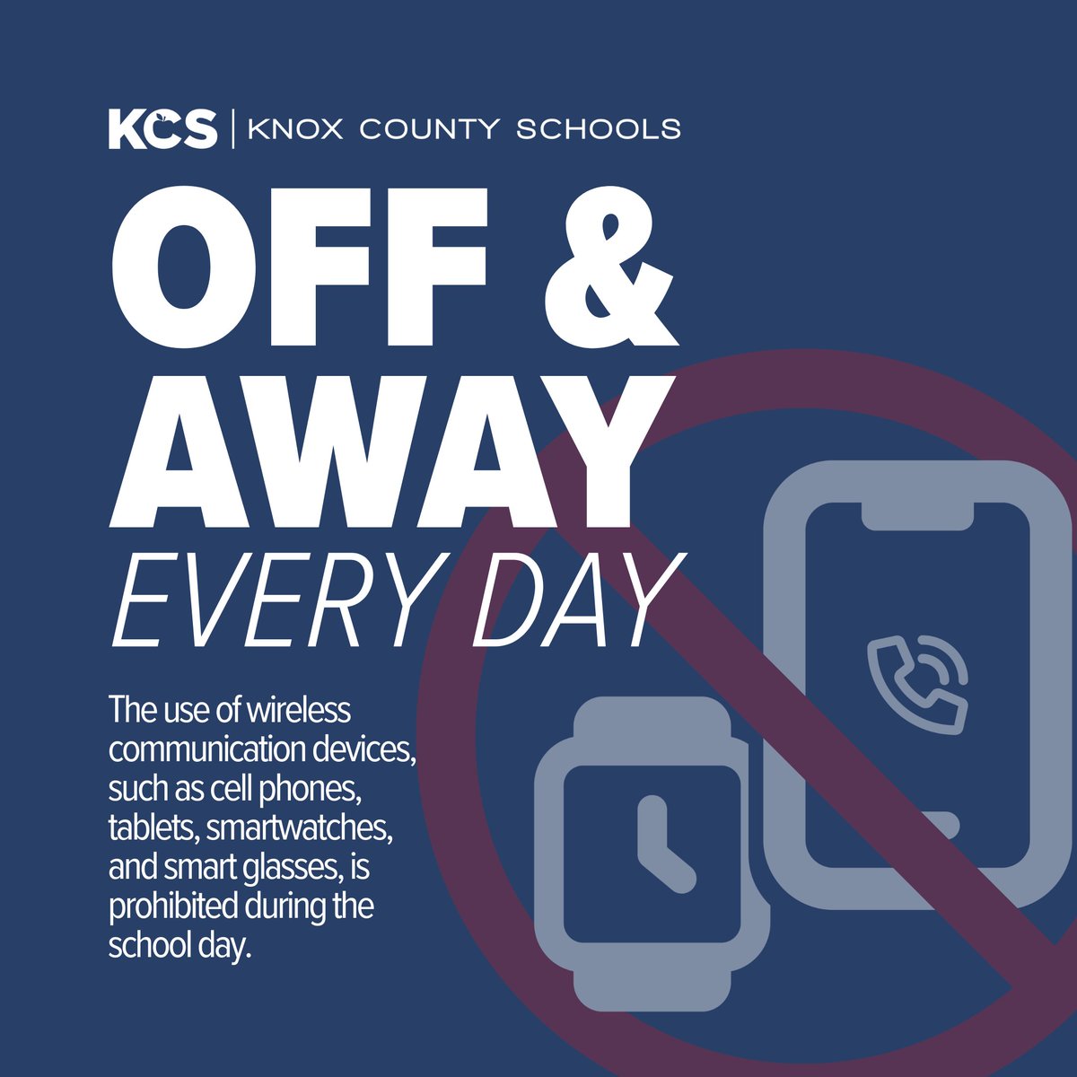 With 5 days left before school starts, a reminder: Wireless communication devices may not be used during the school day. 📱 Read Board Policy J-240 at knoxschools.org/board