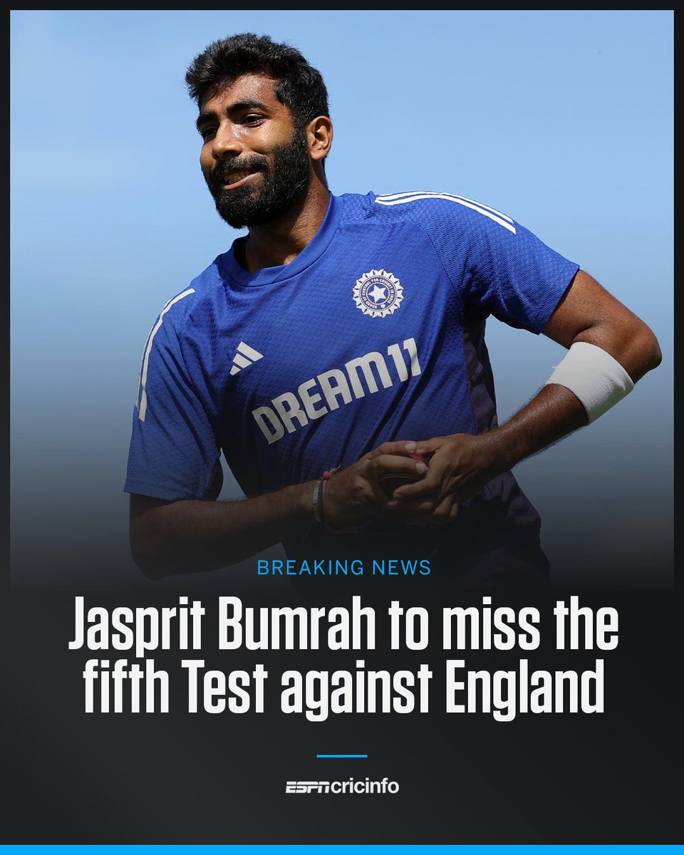 पांचवे और अंतिम टेस्ट से #JaspritBumrah बाहर.
#Bumrah
#INDvENG