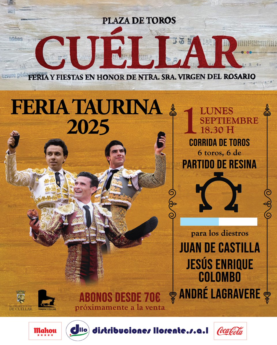 💥🐂CUÉLLAR 2025 · Lunes 1 de Septiembre💥🐂
Corrida de toros de la ganadería Partido de Resina que serán lidiados por Juan de Castilla, Colombo y André Lagravere.