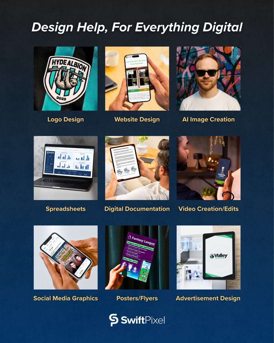 Here’s what I can help you with:

🖥️ Website Design
🖼 AI Image Generation
🧾 Digital Documents
📊 Spreadsheets 
🎨 Branding Kits
📽️ Video Edits 
📱 Social Media Graphics
📄 Posters/Flyers

If it lives on a screen, Swift Pixel can help 💻

DM me if you’ve got a project idea 📩