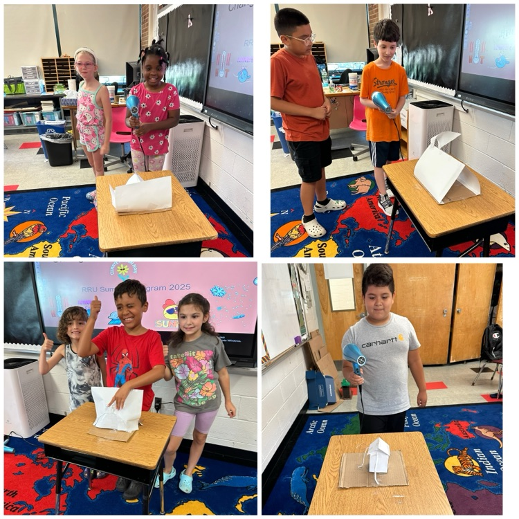 RRU students were hair stylists, meteorologists, architects, &amp; engineers! Grass heads got haircuts and students used their prior and new knowledge of natural disasters and wind damage to create structures that could withstand hurricane force winds (a blow dryer in this case!) 💨
