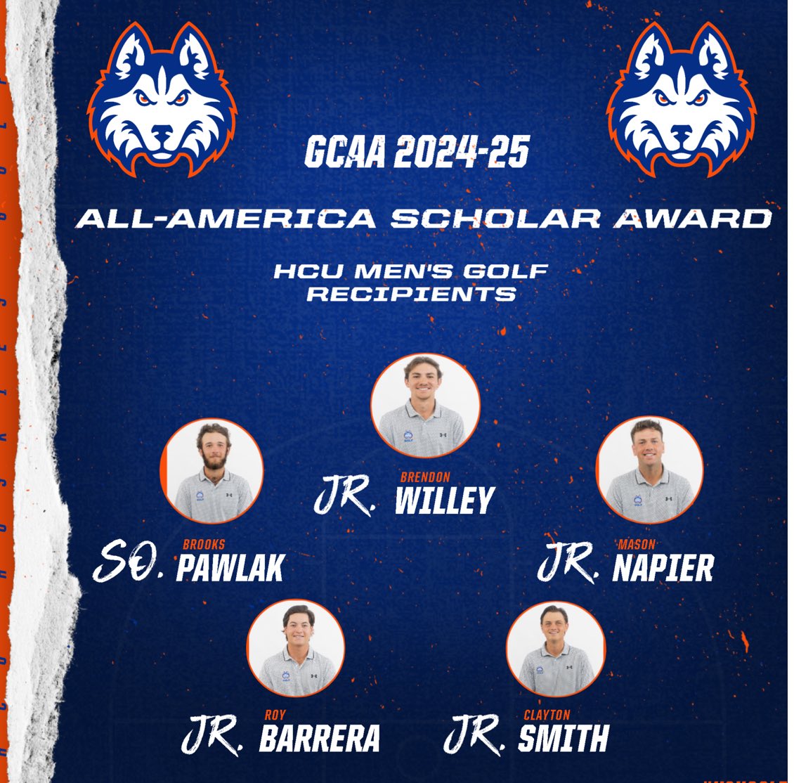 Huskies have five members honored by GCAA as All-America Scholars for the 2024-25 year. Dawgs Up!