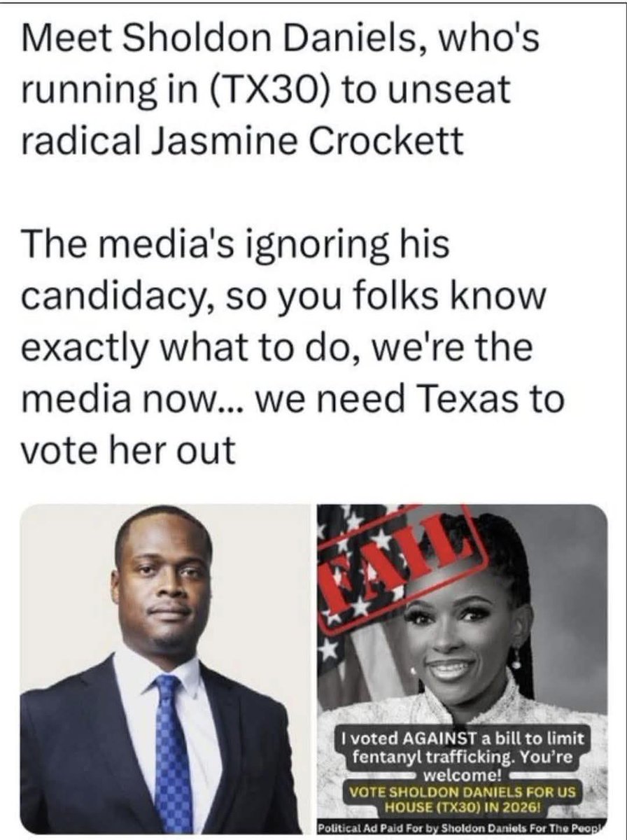Texas, this is urgent. Share this now to support <a href="/SholdonDaniels/">Sholdon Daniels For Congress</a> and remove Jasmine Crockett for good. Let’s make this go viral, because time is running out. Together, we can make it happen.🇺🇸🦅