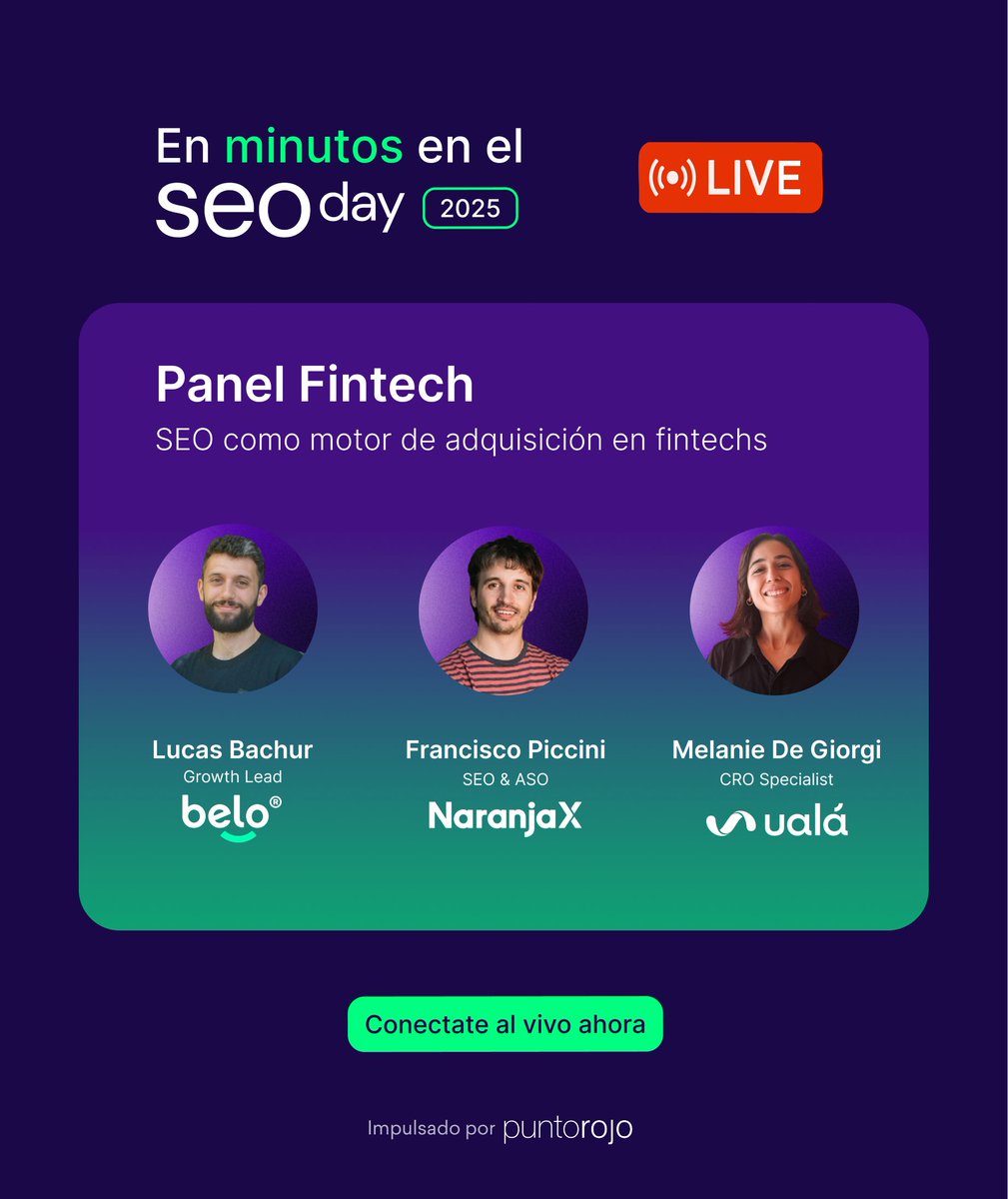 💳 En minutos arranca el panel de #Fintech en el #SEOday
 
- Lucas Bachur – Growth Lead, <a href="/belo_app/">belo 🌎</a> 
- Francisco Piccini – SEO &amp; ASO, <a href="/NaranjaX/">Naranja X</a> 
- Melanie De Giorgi – CRO Specialist, <a href="/uala_arg/">Ualá Argentina</a> 

Sumate: lnkd.in/dywivcKK