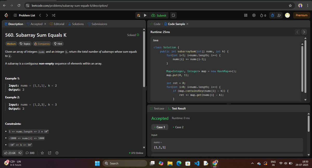 chJayant282_'s tweet image. Day 28 of #100DaysOfLeetCode Solved Subarray sum equals K ,This was a prefix sum and hashing question, It might confuse sometimes like its a sliding window pattern question but its not. First i tried to solve with sliding window but got Wrong answer a lot of time.
#DSAlgo #Java