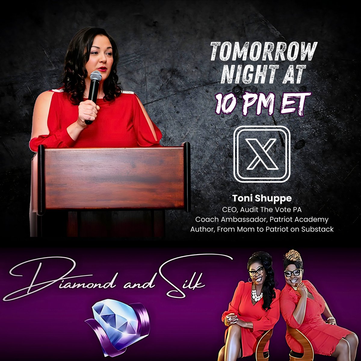 ⚠️ No official podcast this week, but…

🔥 I’ll be LIVE with Diamond &amp; Silk tomorrow at 10PM ET right here on X!

We’re talking truth, transparency, and everything the media won’t. <a href="/DiamondandSilk/">Diamond and Silk®</a> 

Don’t miss it → x.com/DiamondandSilk
