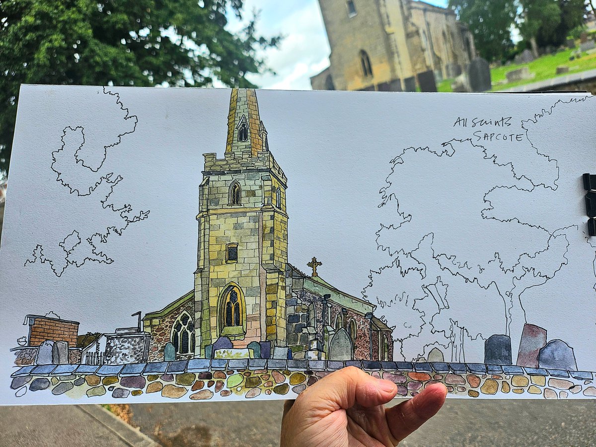 All Saints church in Sapcote this afternoon! Managed two today... am knackered 😆 Sat right out in the street for this one as it required standing back.  Loved the little bit of housing and church hall on the bottom left and the stone wall.  #drawingchurches #pleinair #leicscofe
