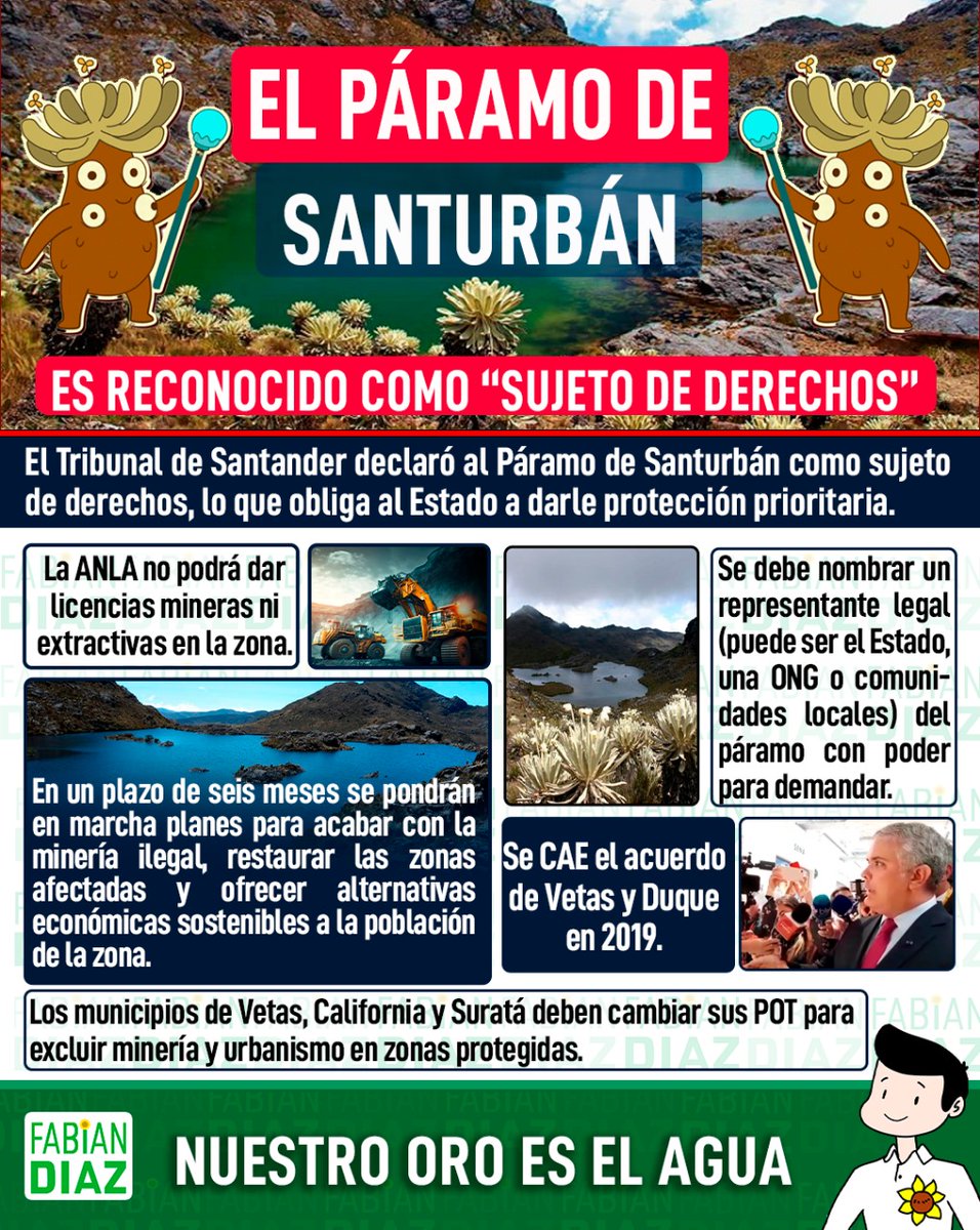 FabianDiazPlata's tweet photo. El Páramo de Santurbán es reconocido como “sujeto de derechos”.

El Tribunal de Santander declaró al Páramo de Santurbán como sujeto de derechos, lo que obliga al Estado a darle protección prioritaria.

La ANLA no podrá dar licencias mineras ni extractivas en la zona.

Se debe nombrar un representante legal (puede ser el Estado, una ONG o comunidades locales) del páramo con poder para demandar.

En un plazo de seis meses se pondrán en marcha planes para acabar con la minería ilegal, restaurar las zonas afectadas y ofrecer alternativas económicas sostenibles a la población de la zona.

Se CAE el acuerdo de Vetas y Duque en 2019.

Los municipios de Vetas, California y Suratá deben cambiar sus POT para excluir minería y urbanismo en zonas protegidas.

Nuestro Oro es el agua.
