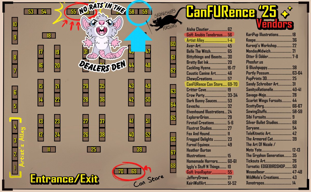 Oh hey are you going to canfurence this weekend ?👀

I’ll be in the dealers den all weekend of the con, table 58/59

I’ll have fursuit partials, fans, fursuit sprays , balaclavas , backpacks etc 

Come see this rat who snuck into the dealers den🤭