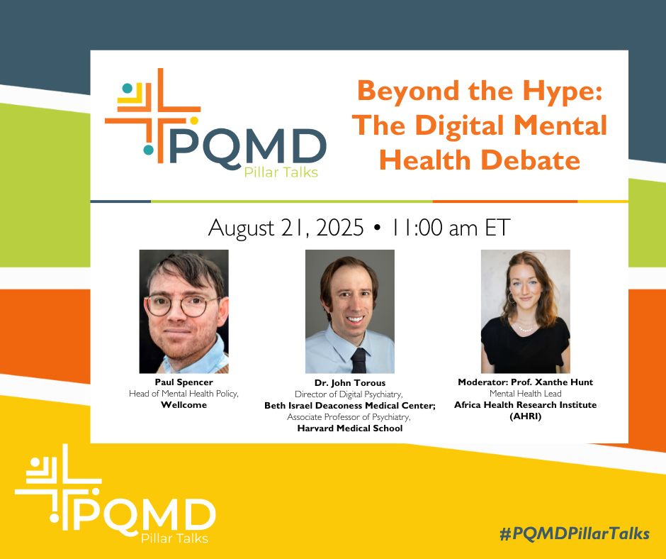 Looking forward to being part of PQMD’s August edition of Pillar Talk: 𝗕𝗲𝘆𝗼𝗻𝗱 𝘁𝗵𝗲 𝗛𝘆𝗽𝗲 - 𝗧𝗵𝗲 𝗗𝗶𝗴𝗶𝘁𝗮𝗹 𝗠𝗲𝗻𝘁𝗮𝗹 𝗛𝗲𝗮𝗹𝘁𝗵 𝗗𝗲𝗯𝗮𝘁𝗲. See more below! (And see you there <a href="/JohnTorousMD/">John Torous, MD MBI</a> 🙂) 
Register here: lnkd.in/eFXgpfen