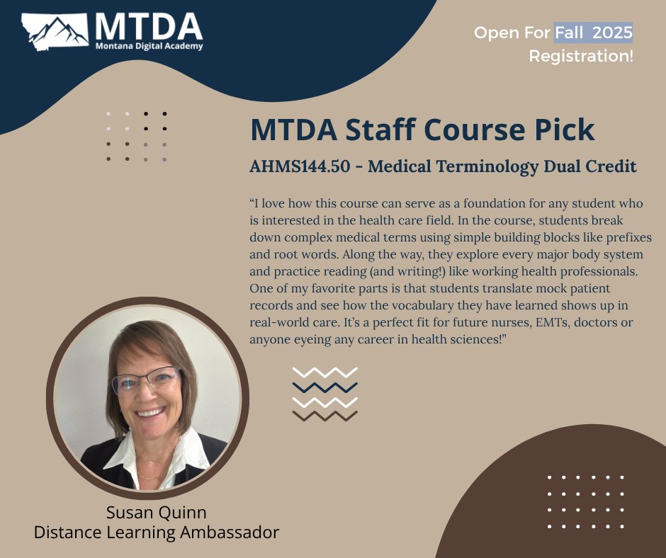 MontDigAcad's tweet image. Discover all of the 2025-2026 Montana Digital Academy course options available for middle and high school at: zurl.co/68r3o