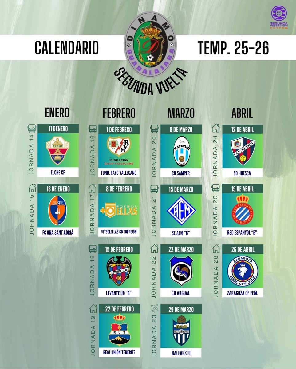 CALENDARIO  2025 - 2026📅

⚽ A menos de una semana para comenzar la pretemporada, estos son los partidos que nos esperan este ilusionante año en <a href="/2rfef_fem/">2ª RFEF femenina 🇪🇸</a>

¡Seguimos Soñando!