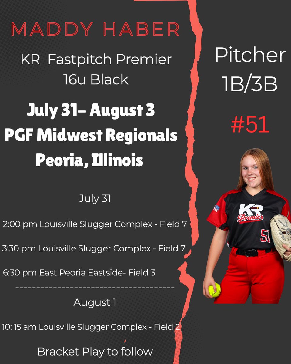 One last tournament for summer 2025. Come out and watch <a href="/CoachMalWinters/">Mallory Winters</a> <a href="/WinonaStateSB/">WinonaState Softball</a> <a href="/jess_bracamonte/">Jessica Bracamonte</a> <a href="/CoachWThees/">Windy Thees</a> <a href="/NIUSoftball/">NIU Softball</a> <a href="/RitterPiper/">Piper Ritter</a> <a href="/TyraPerry13/">Tyra Perry</a> <a href="/CoachJayGwyn/">Assistant Softball Coach, MIZZOU</a> <a href="/Coach2K_OSU/">Kirin Kumar</a> <a href="/PurdueSoftball/">Purdue Softball</a> <a href="/UKCoachHimes/">Kristine Himes</a> @KR_premier16u