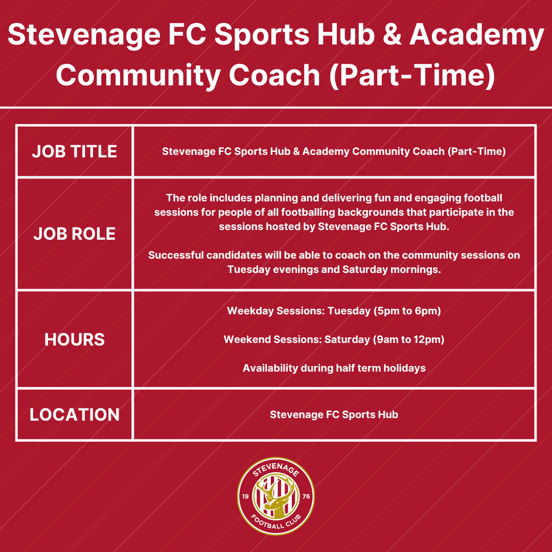 Stevenage FC Sports Hub (@sfcsportshub) on Twitter photo Stevenage FC Sports Hub are looking for a Stevenage FC Sports Hub & Academy Community Coach on a part-time basis.
Applicants will need to work on Tuesday evenings and Saturday mornings.
If you are interested, please email harrisonb@stevenagefc.com for more information. Stevenage FC Sports Hub are looking for a Stevenage FC Sports Hub & Academy Community Coach on a part-time basis.
Applicants will need to work on Tuesday evenings and Saturday mornings.
If you are interested, please email harrisonb@stevenagefc.com for more information.