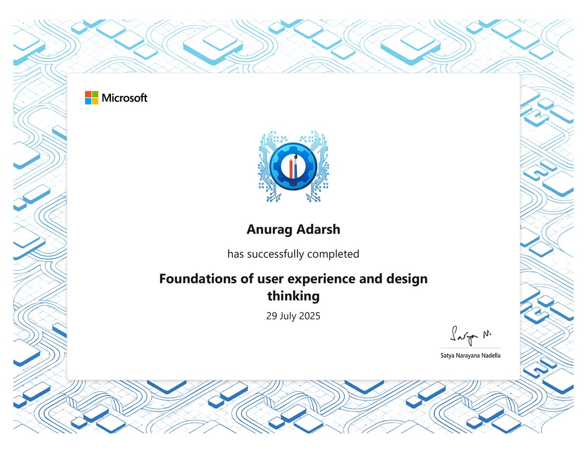 _anurag_adarsh's tweet image. I earned my &quot;Foundations of user experience and design thinking&quot; badge! I’m so proud to be celebrating this achievement and hope this inspires you to start your own @MicrosoftLearn journey!

 learn.microsoft.com/api/achievemen… #MSLearnBadge