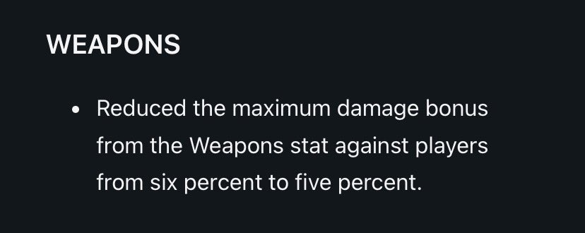 Couple of quick notes on the new Weapons stat required for ttk shifts:

180 HC w/ ePI (.67s): 158 -> 170 
540 Pulse (.73s): 157 -> 169
491 Sidearm (.5s): 160 -> 172
Burst HC w/ ePI (.57s): 163 -> 177 

Anything that required above 182 is dead!