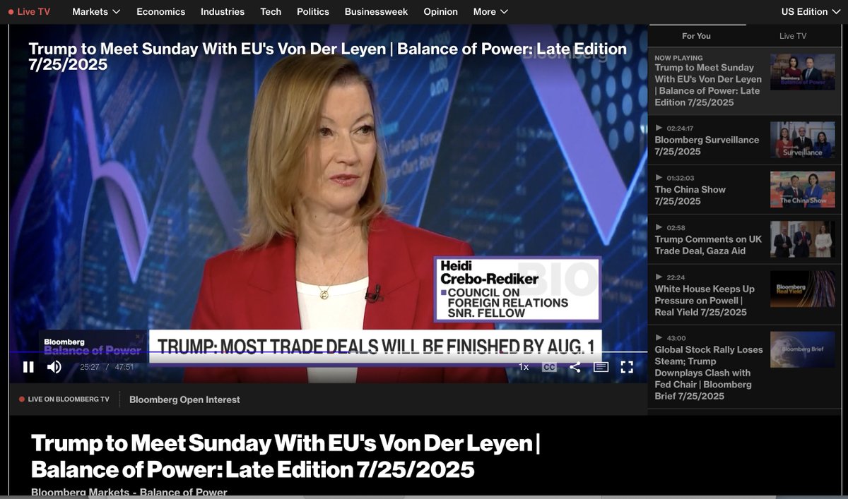 Enjoyed the conversation with <a href="/JMathieuReports/">Joe Mathieu</a> and <a href="/tylerskendall/">Tyler Kendall</a> on <a href="/BloombergTV/">Bloomberg TV</a> Balance of Power just after the Japan agreement and ahead of the U.S. EU meeting in Scotland. With both, the devil is in the details and the details are scarce leaving much room for future confusion